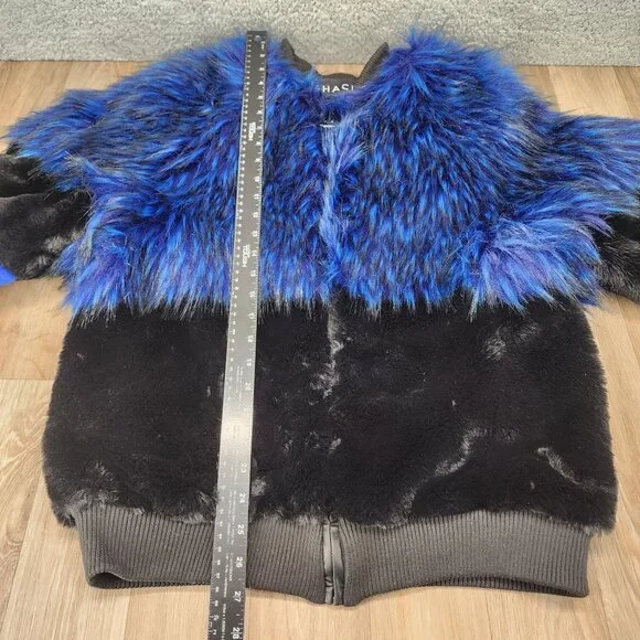 Shaci Blue Women's Size Medium Blue Black Faux Fur Monster‎ Bomber Jacket - Picture 14 of 15